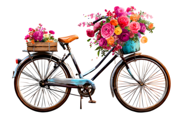 "Vintage bicycle with basket full of flowers, isolated on transparent background"