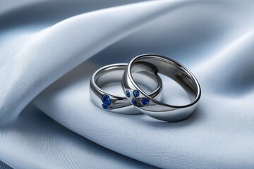 Elegant silver wedding bands adorned with blue stones resting on a soft satin fabric create a romantic atmosphere for timeless love