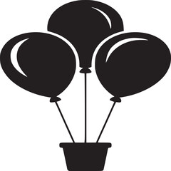 A silhouette illustration of three balloons tied together in a small pot on a white background