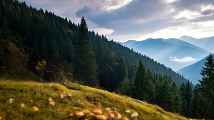 Scenic mountain landscape with forest hills and meadow covered with mushrooms under a cloudy sky during daytime