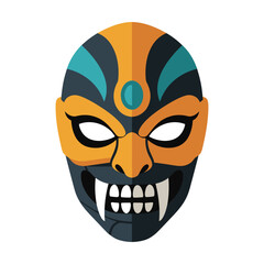 Flat design of a stylized monster mask with orange and dark blue accents.