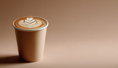 Paper coffee cup with latte art on beige background