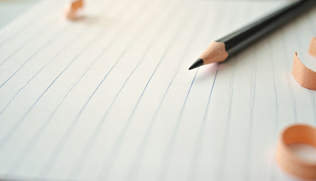 Black pencil resting on notepad with pencil shavings nearby  