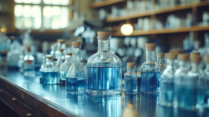 Table with many bottles of blue liquid on it. The bottles are all different sizes and shapes