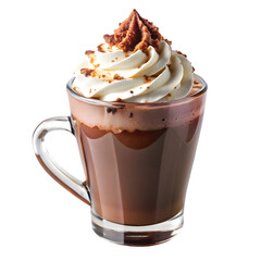 Delicious hot chocolate drink topped with whipped cream and chocolate crumbs isolated on black background
