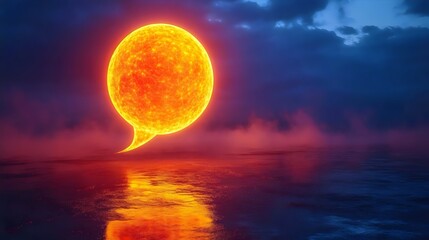 A vibrant sun-shaped speech bubble reflecting in tranquil waters under a colorful sky.