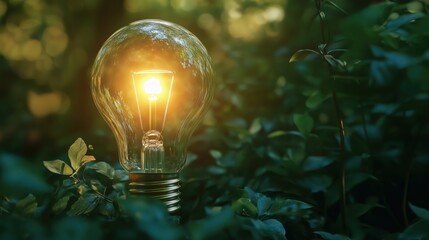 light bulb glowing, sitting on green forest