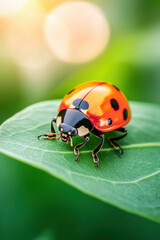 Fototapeta premium Ladybug rests on green leaf with blurred background creating a natural atmosphere. Close-up view highlights its role in pest management. Concept of agriculture, gardening, environmental conservation