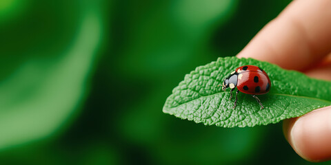 Fototapeta premium Ladybug perched on lush green leaf in minimalist composition with blurred background creating a tranquil atmosphere. Concept of agriculture, gardening, natural pest control