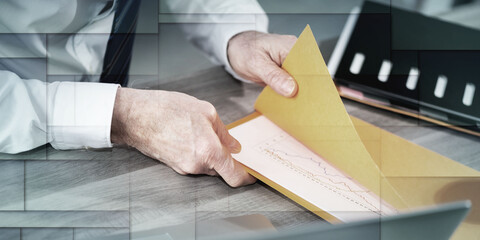 Businessman opening folder, geometric pattern