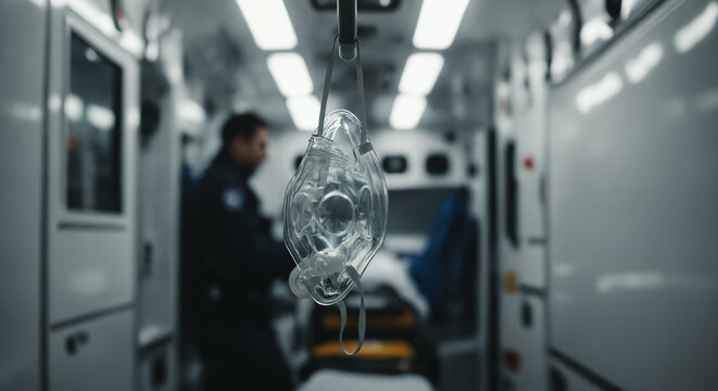 Oxygen mask hanging inside an ambulance