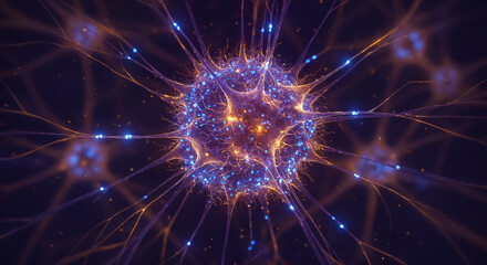 Fototapeta premium Visualization of a neuron with glowing synapses and neural connections