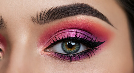 Obraz premium Close-up of vibrant pink and purple eye makeup with winged eyeliner
