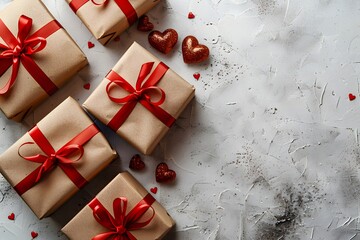 Romantic gift boxes with red ribbons and heart decorations on textured gray background, perfect for Valentine’s Day, anniversaries, romantic celebrations, or holiday promotions

