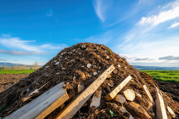 Large pile of decomposing plant material with wooden planks for aeration. Clear blue sky and lush fields create a serene agricultural setting