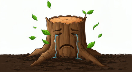 Tree stump with sad face and tears surrounded by green leaves
