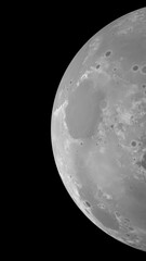 Naklejka premium 3D Render of Close-Up Moon Surface – Top-Down Composition with Black Left Side for Space, Science, or Background Design 