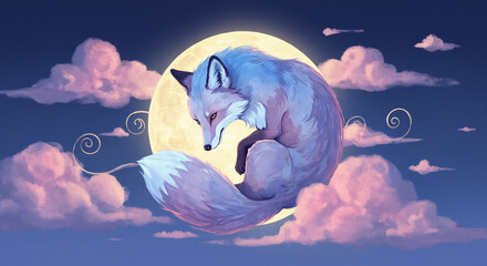 Illustration of Fox Resting in Front of a Full Moon Surrounded by Clouds in a Night Sky
