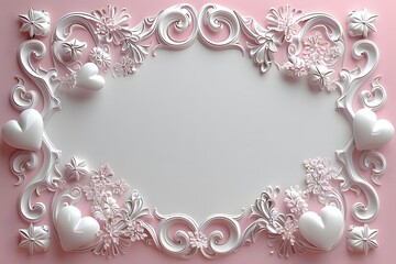 Romantic white ornate frame with floral and heart decorations on pastel pink background, elegant vintage design ideal for wedding invitations, love cards, or Valentine’s themes

