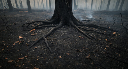 Burnt forest with exposed tree roots after wildfire devastation