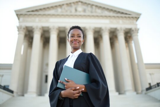 A black woman in a barrister's robe holds a law book while standing in front of a courthouse with tall columns. The sky is clear, and the building looks grand and official