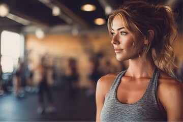 Woman in gym looks to her right, gym goers in background