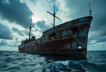 Selbstklebende Fototapeten Rusted abandoned ship stranded in the ocean under a cloudy sky © starush