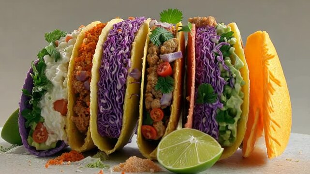 Colorful and Vibrant Tacos in a Row: A Delicious Culinary Display of Mexican Food
