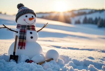 Obraz premium Cheerful snowman with a colorful scarf and hat in a snowy winter landscape at sunset