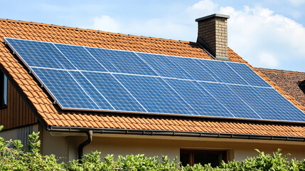 Fototapeta premium House with solar panels on the roof. Concept of renewable green energy and environmental conservation