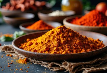 Assorted vibrant spices including turmeric, paprika, and chili powder in rustic bowls for cooking