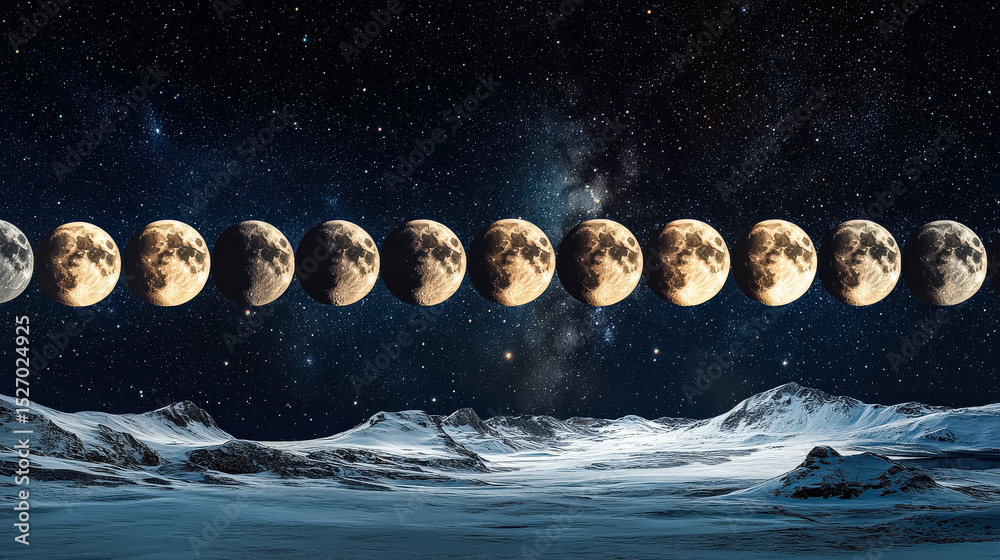 Wall mural series of moon phases are shown in a row. the moon is shown in different stages of illumination, fro