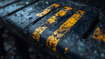 Weathered black surface with bold yellow stripes, offering a dramatic close-up perspective.