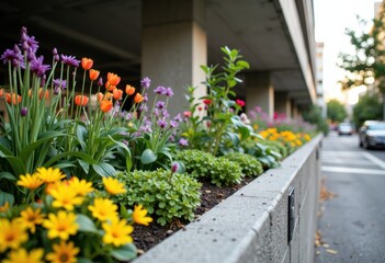 Obraz premium Colorful flowers bloom along a concrete sidewalk under an urban overpass during sunset