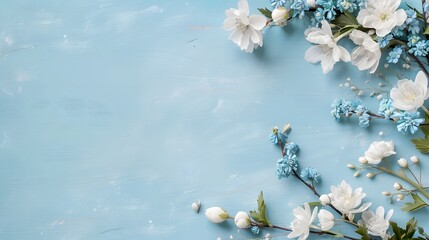 White and blue spring flowers on textured pastel blue background with copy space, romantic floral arrangement ideal for seasonal greetings, wedding cards, or feminine designs

