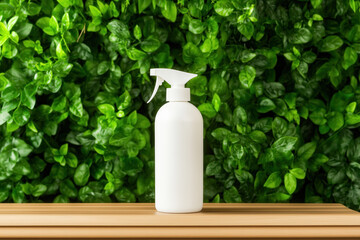 Eco-friendly pest control spray bottle sits on wooden bench surrounded by verdant greenery. Concept of gardening, sustainability, home improvement