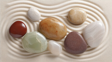 Flat lay of smooth pebbles on sand, meditative composition