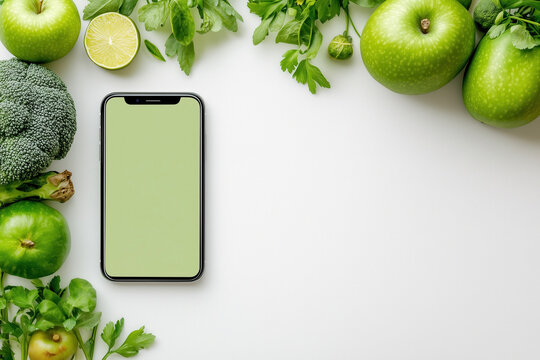 Smartphone screen showcases vibrant farm-to-table app featuring fresh produce. Clean white background with green vegetables and fruits creates a healthy lifestyle concept, emphasizing sustainability