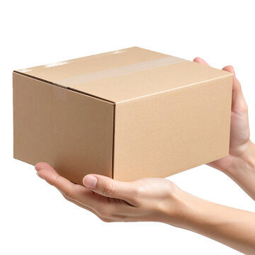 Manos entregando un paquete, Persona sosteniendo una caja lisa sin fondo