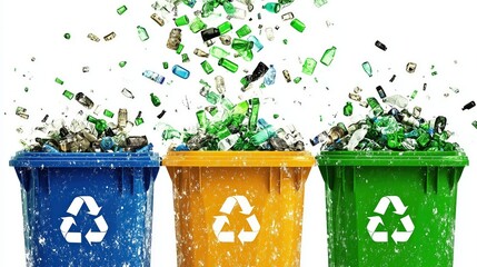 recycling bins and a lot of plastic garbage falling down