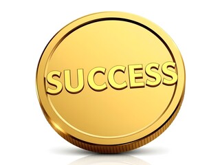 Golden coin with bold reflective "SUCCESS" lettering symbolizing prosperity, achievement, wealth, and victory in a sleek, gleaming design