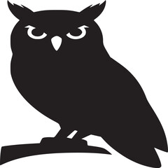 Black silhouette of an owl perched on a branch against a white background in a minimalist design