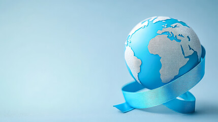 Fototapeta premium Blue and white globe is sitting on a blue background. The globe is surrounded by a blue ribbon, which gives the impression of a protective barrier. Concept of security and protection