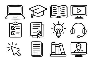 Educational icons set featuring laptop, graduation cap, books, video, lightbulb