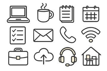 Business icons collection: laptop, coffee, notebook, calendar, and more