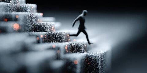 Silhouette of person running down abstract digital stairs made of glowing particles in futuristic environment