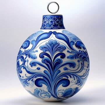 Bola decorativa de cer&aacute;mica blanca con dise&ntilde;o floral ornamental de color azul