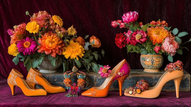 Ornate high-heeled shoes and a vibrant flower arrangement.