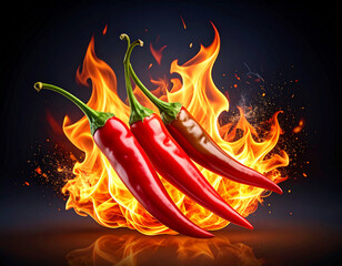 Hot red chilis on fire, black backdrop. AI