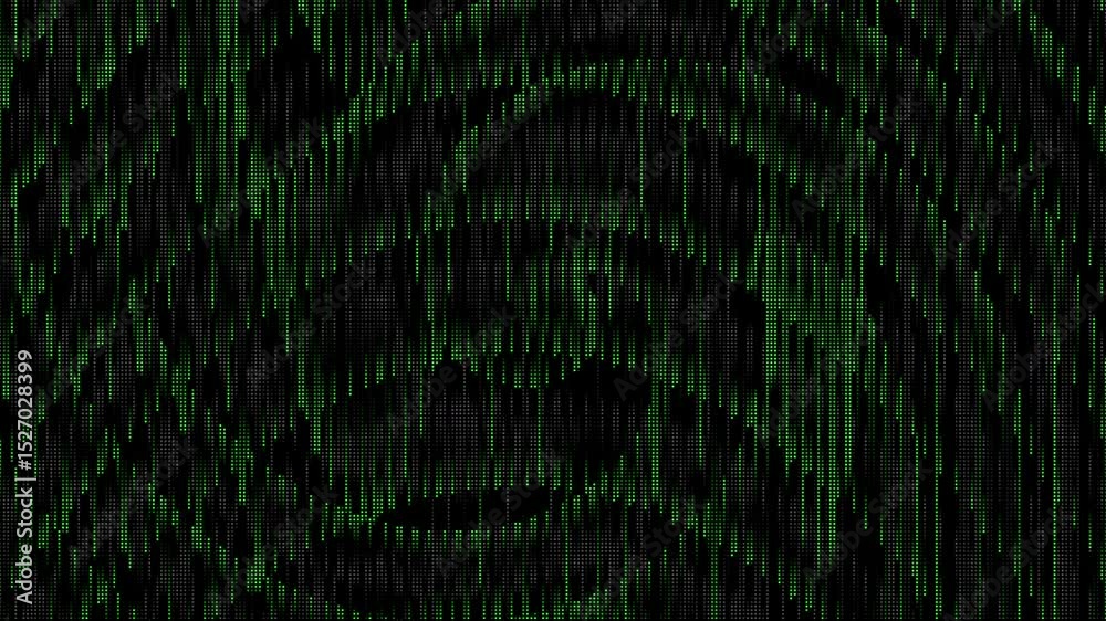Poster Green matrix abstract dots raining binary code without symbols and characters. Black background. Abstract halftone loop animation